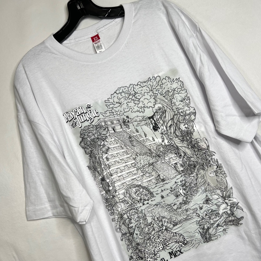Euro Cotton‎ White Mayan Jungle T-Shirt Mens XL Cancun Mexico Graphic Souvenir